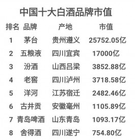 茅臺 市值第一,貴州茅臺市值以：25752.05億，位列全國酒業品牌第一位